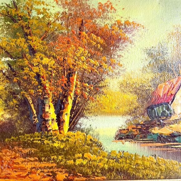 Vintage 10x8in River Bank Forest Still Life Oil Painting Wood Gold Frame Sunset - Picture 4 of 10